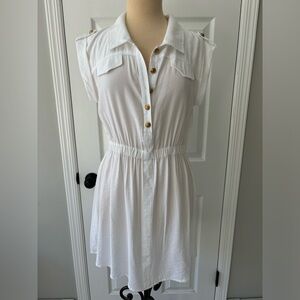 Line & Dot White Dress Summer Mini Dress with Gold buttons